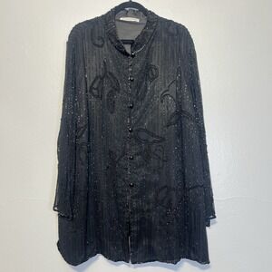 Vintage Silhouettes 28W Pure Silk Black Long Jacket Tulips Beads & Sequins Sheer